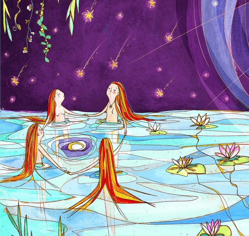 May include: Three women with long red hair are swimming in a lake at night. The water is blue and there are lily pads on the surface. The sky is purple and there are stars in the sky.