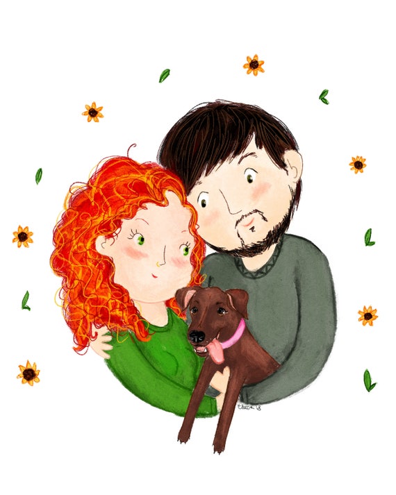 Commissione Ritratto Di Famiglia Disegno Coppia Con Cane Etsy