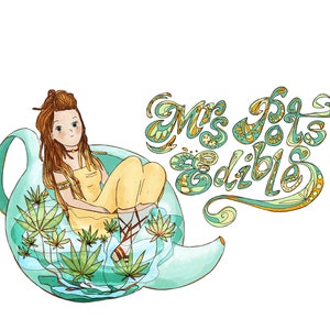 May include: A cartoon illustration of a woman sitting in a teapot with green marijuana leaves inside. The text "Mrs. Pots Edibles" is written in a decorative font.