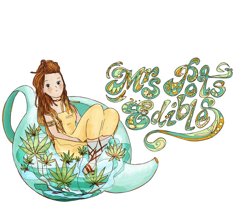 May include: A cartoon illustration of a woman sitting in a teapot with green marijuana leaves inside. The text "Mrs. Pots Edibles" is written in a decorative font.