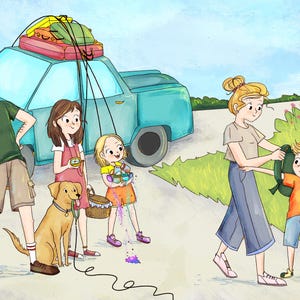 May include: Illustration of a family preparing for a road trip. A teal car is packed with luggage. A man and two girls are with a dog. A woman helps a boy with a backpack. The scene is set on a sunny day.