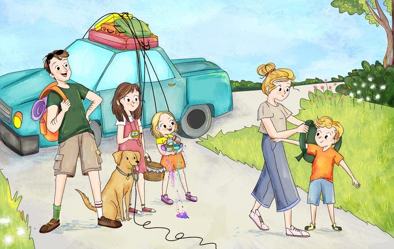 May include: Illustration of a family preparing for a road trip. A teal car is packed with luggage. A man and two girls are with a dog. A woman helps a boy with a backpack. The scene is set on a sunny day.
