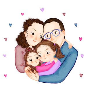 Portret Rodzinny W Stylu Kreskówki. Pamiątkowa Ilustracja dla Mamy, Taty, Rodziny i Dzieci, Pomysł Na Prezent Spersonalizowany Karykaturalny