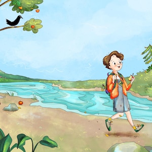 May include: A whimsical illustration of a person walking along a riverbank. The person wears a gray dress, orange jacket, and backpack, holding a fruit. Trees, a black bird, and a mountain are in the background. The scene is set in a sunny, outdoor environment.