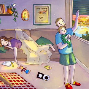 May include: Illustration of a family scene with a sleeping woman on a couch, a man holding a baby by a window, and various household items scattered around. The artwork features warm colors and a cozy atmosphere, with a calendar and a poster that says "Pasta Fresca".