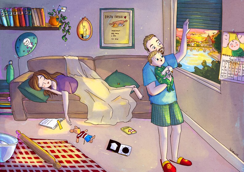 May include: Illustration of a family scene with a sleeping woman on a couch, a man holding a baby by a window, and various household items scattered around. The artwork features warm colors and a cozy atmosphere, with a calendar and a poster that says "Pasta Fresca".