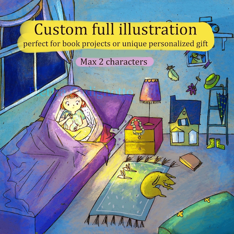 May include: A whimsical illustration of a child in bed under a purple blanket, holding a stuffed animal. The room features a nightstand with a lamp, a small house, and a rug with a sleeping dog. Text reads "Custom full illustration".