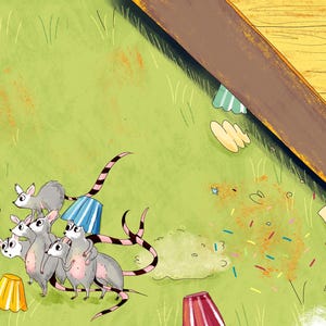 May include: An illustration depicts a gray dog with a surprised expression facing a group of small gray mice. The mice are clustered together on a green surface, some wearing blue and white striped skirts. The scene is set near a wooden structure.