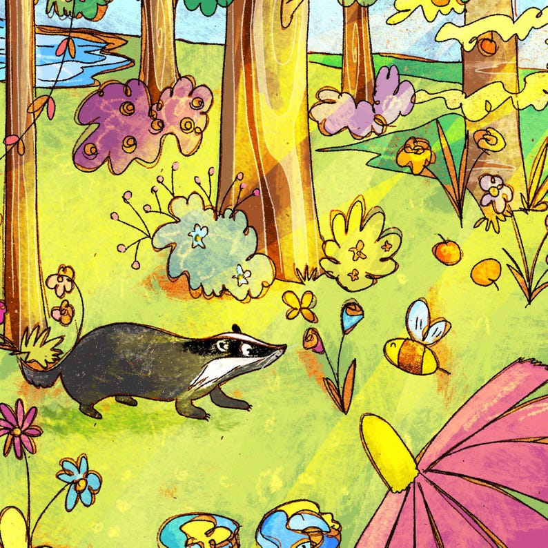 Custom illustration for children's book to publish. Illustrator for hire. Personalized drawing for a picturebook. Spread and single page on commission. Whimsical scene