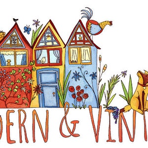 May include: A colorful illustration of three houses with a rooster on top of the leftmost house. The houses are surrounded by flowers and greenery. A cat is sleeping in front of the houses and a dog is sitting in front of the rightmost house. The text "MODERN & VINTAGE" is written below the houses.