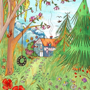 May include: A whimsical illustration of a blue house with a red roof nestled in a lush green forest. The house has a white door and windows, and there is a swing hanging from a tree in the front yard. The forest is filled with colorful flowers and a tall green pine tree.