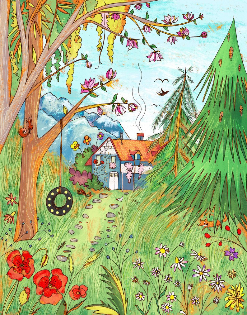 May include: A whimsical illustration of a blue house with a red roof nestled in a lush green forest. The house has a white door and windows, and there is a swing hanging from a tree in the front yard. The forest is filled with colorful flowers and a tall green pine tree.