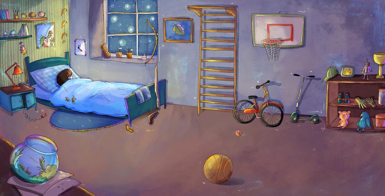May include: A whimsical illustration of a child's bedroom at night. The room features a bed, a basketball hoop, a bicycle, and a scooter. A basketball sits on the floor, and a fishbowl is in the foreground.