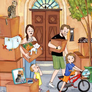 May include: An illustration depicts a family moving, surrounded by cardboard boxes. A cat sits atop a box. The family carries boxes with toys and books. A child rides a red bicycle. The scene is set in front of a brown door and a tree with oranges.