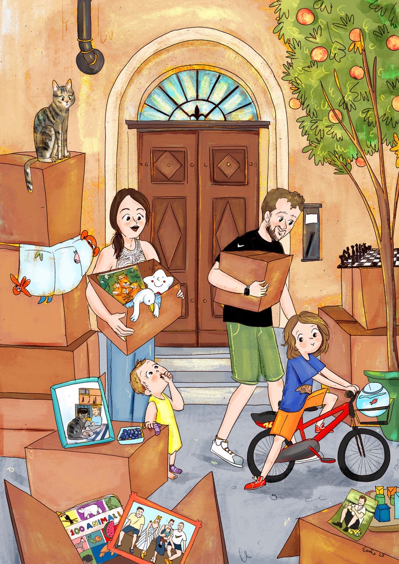 May include: An illustration depicts a family moving, surrounded by cardboard boxes. A cat sits atop a box. The family carries boxes with toys and books. A child rides a red bicycle. The scene is set in front of a brown door and a tree with oranges.