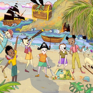 Op de afbeelding: Kleurrijke illustratie van kinderen die piraten spelen op een strand. Een schatkist, piratenschip en kaart zijn zichtbaar. Kinderen zijn gekleed in piratenkleding, met zwaarden en een telescoop. Een hond is aanwezig, samen met een palmboom en een kleine boot.