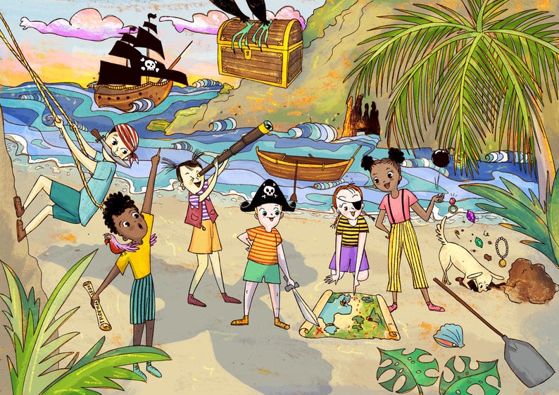 Op de afbeelding: Kleurrijke illustratie van kinderen die piraten spelen op een strand. Een schatkist, piratenschip en kaart zijn zichtbaar. Kinderen zijn gekleed in piratenkleding, met zwaarden en een telescoop. Een hond is aanwezig, samen met een palmboom en een kleine boot.