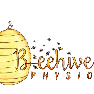 May include: A watercolor illustration of a beehive with the text "Beehive Physio" below it.  The beehive is yellow and has a brown entrance.  There are several small bees flying around the beehive.