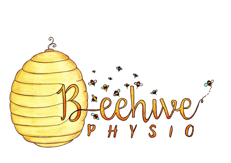 May include: A watercolor illustration of a beehive with the text "Beehive Physio" below it.  The beehive is yellow and has a brown entrance.  There are several small bees flying around the beehive.