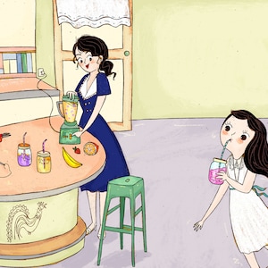 Op de afbeelding: Een cartoon illustratie van een vrouw die een smoothie maakt, met een meisje dat er een drinkt. De keuken heeft een aanrecht met fruit en smoothiepotten. Er staat een groene kruk.
