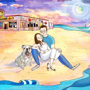 May include: A couple sits on a beach with their dog. The man is wearing a blue shirt and jeans. The woman is wearing a white dress. The dog is a bulldog with brown and white fur. The background is a beach with a blue sky and a pink sunset. The sign behind them says "Wonder Bar".