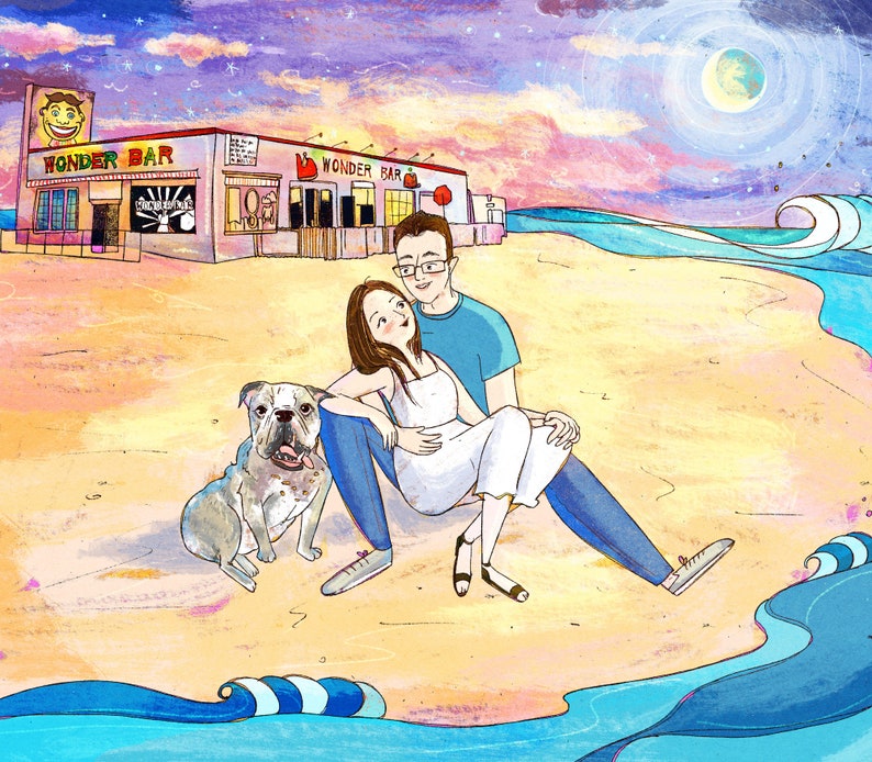 May include: A couple sits on a beach with their dog. The man is wearing a blue shirt and jeans. The woman is wearing a white dress. The dog is a bulldog with brown and white fur. The background is a beach with a blue sky and a pink sunset. The sign behind them says "Wonder Bar".
