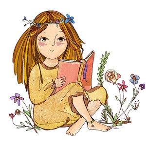 May include: A young girl with long brown hair wearing a flower crown sits in a field of wildflowers and reads a pink book.