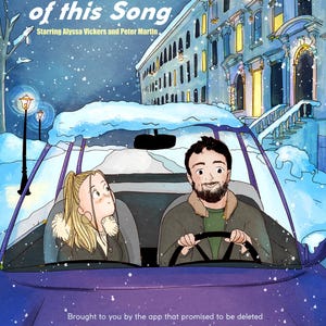 May include: An illustrated movie poster with the title "Before the End of this Song" and the names of the stars, Alyssa Vickers and Peter Martin. The scene depicts a couple in a car driving through a snowy town. The date 01.01.2025 is displayed.