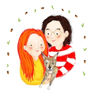 Couple illustration, quirky anniversary gift: Family portrait human and pet digital custom drawing for her, birthday present, wedding idea