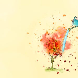 May include: Watercolor illustration of a young person watering a fiery flower with a blue watering can. The person wears a pink dress, black leggings with white polka dots, and yellow shoes. The background is a soft yellow.