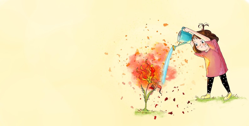 May include: Watercolor illustration of a young person watering a fiery flower with a blue watering can. The person wears a pink dress, black leggings with white polka dots, and yellow shoes. The background is a soft yellow.