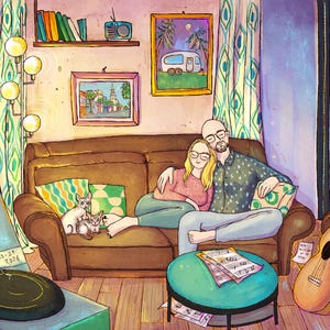 May include: Illustration of a couple cuddling on a brown sofa with two cats. A record player, guitar, and framed artwork are in the room. The artwork includes a picture of a building and a picture of a camper.