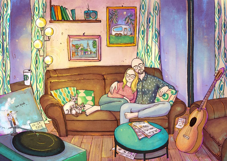 May include: Illustration of a couple cuddling on a brown sofa with two cats. A record player, guitar, and framed artwork are in the room. The artwork includes a picture of a building and a picture of a camper.