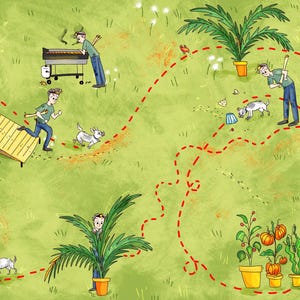 May include: An illustrated scene of a backyard with a house, deck, and garden. A person is grilling, another is watering plants, and a third is reading a paper. A dog is running around the yard. The scene is outlined with a red dotted line.