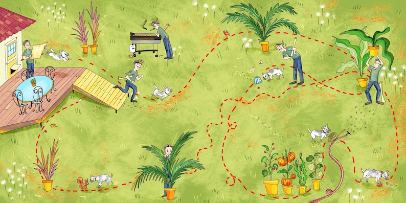 May include: An illustrated scene of a backyard with a house, deck, and garden. A person is grilling, another is watering plants, and a third is reading a paper. A dog is running around the yard. The scene is outlined with a red dotted line.
