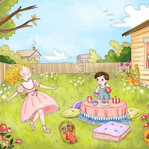 May include: Watercolor illustration of a backyard tea party. A girl in a pink dress dances near a table set with tea cups and treats. A boy in overalls pours tea. A basket with a doll sits nearby.