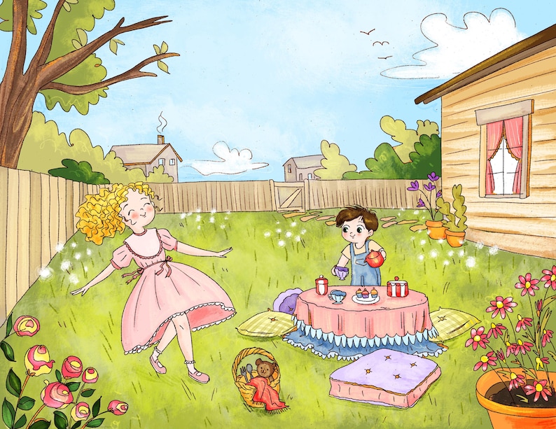 May include: Watercolor illustration of a backyard tea party. A girl in a pink dress dances near a table set with tea cups and treats. A boy in overalls pours tea. A basket with a doll sits nearby.