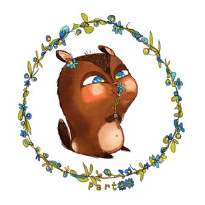 May include: A cartoon illustration of a brown hamster with blue eyes, holding a blue flower, surrounded by a wreath of green leaves and blue flowers. The word "partie" is written in blue letters at the bottom of the image.