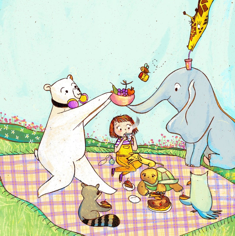 Custom illustration for children's book to publish. Illustrator for hire. Personalized drawing for a picturebook. Spread and single page on commission. Whimsical scene