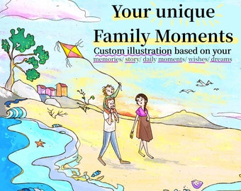 Family illustration original portrait, art commission christmas gift, unique dad's present, digital painting with your best couple memories