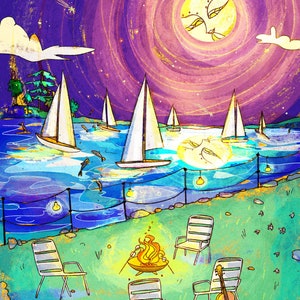 May include: A watercolor painting of a night scene with a full moon, sailboats on the water, and a campfire with chairs and a guitar on the shore.