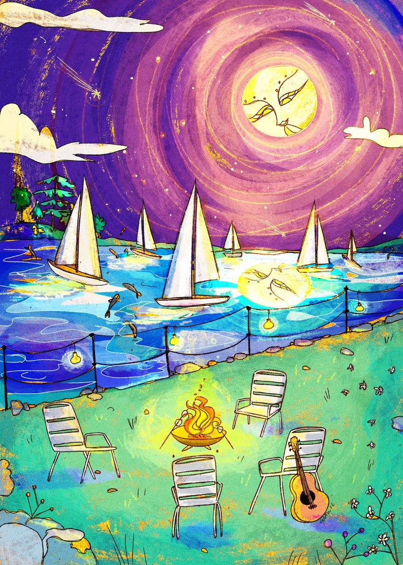 May include: A watercolor painting of a night scene with a full moon, sailboats on the water, and a campfire with chairs and a guitar on the shore.