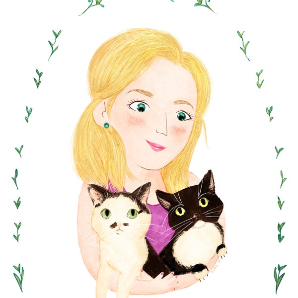 Custom portrait with cat pet and human owner, personalized illustration christmas gift idea for son daughter, whimsical art present drawing