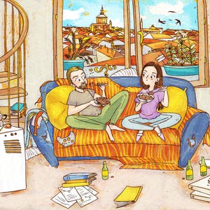 Custom couple illustration with details of their home, board games video games and food they love to have. Personalized couple quirky gift for anniversary or wedding