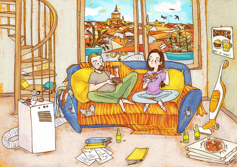 Custom couple illustration with details of their home, board games video games and food they love to have. Personalized couple quirky gift for anniversary or wedding