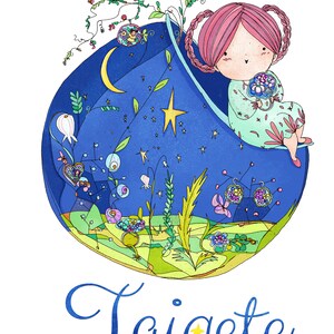 May include: A whimsical illustration of a girl with pink hair sitting in a blue crescent moon with stars and a yellow star. The moon is surrounded by green and yellow foliage and flowers. The text "Taig&ecirc;te" is written in blue cursive below the moon.