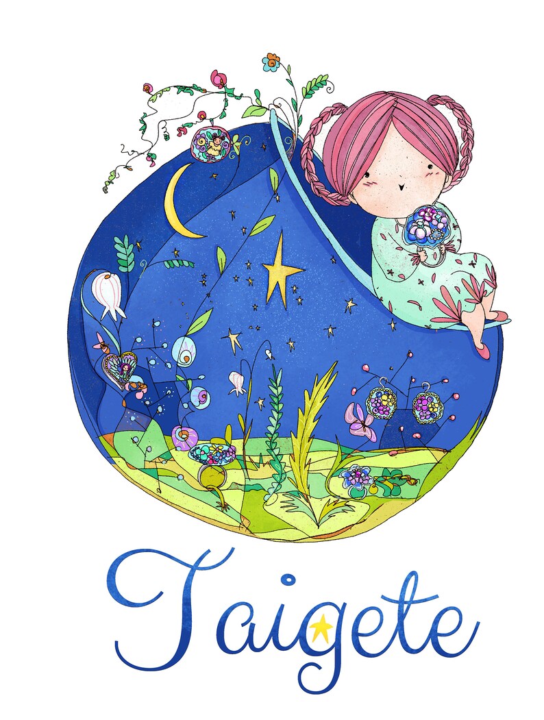 May include: A whimsical illustration of a girl with pink hair sitting in a blue crescent moon with stars and a yellow star. The moon is surrounded by green and yellow foliage and flowers. The text "Taig&ecirc;te" is written in blue cursive below the moon.