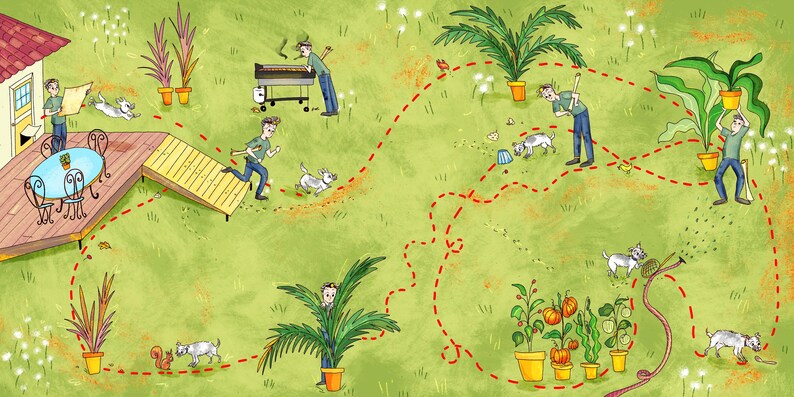 Op de afbeelding: Ge&iuml;llustreerde sc&egrave;ne van een tuin met een huis, terras en moestuin. Een persoon grilt, een ander geeft planten water en een derde leest. Een hond rent rond in de tuin. De sc&egrave;ne is omlijnd met een rode stippellijn.