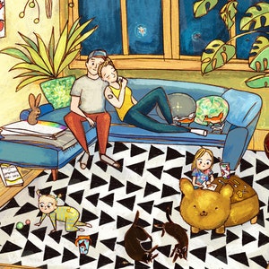 Custom couple illustration with details of their home, board games video games and food they love to have. Personalized couple quirky gift for anniversary or wedding