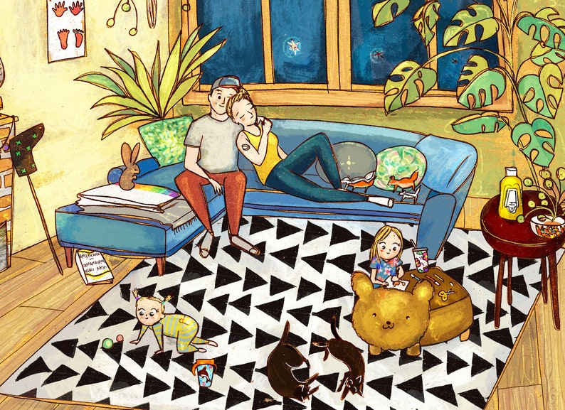 Custom couple illustration with details of their home, board games video games and food they love to have. Personalized couple quirky gift for anniversary or wedding